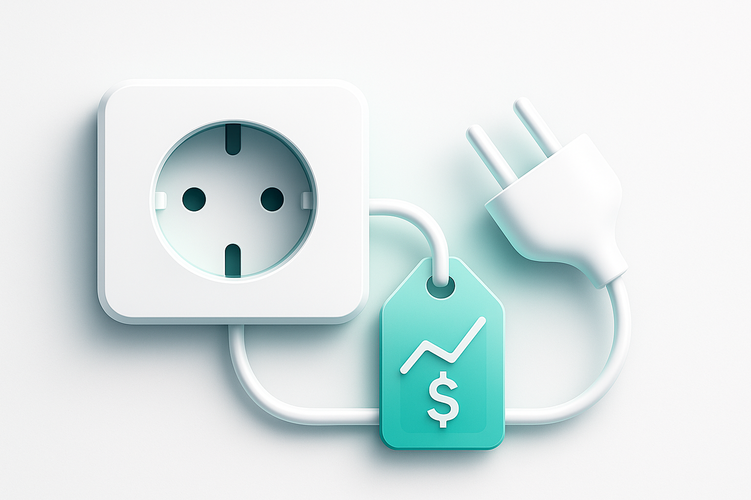 Minimalistisches Key Visual: Steckdose, Stecker und Preistag mit Verlauf