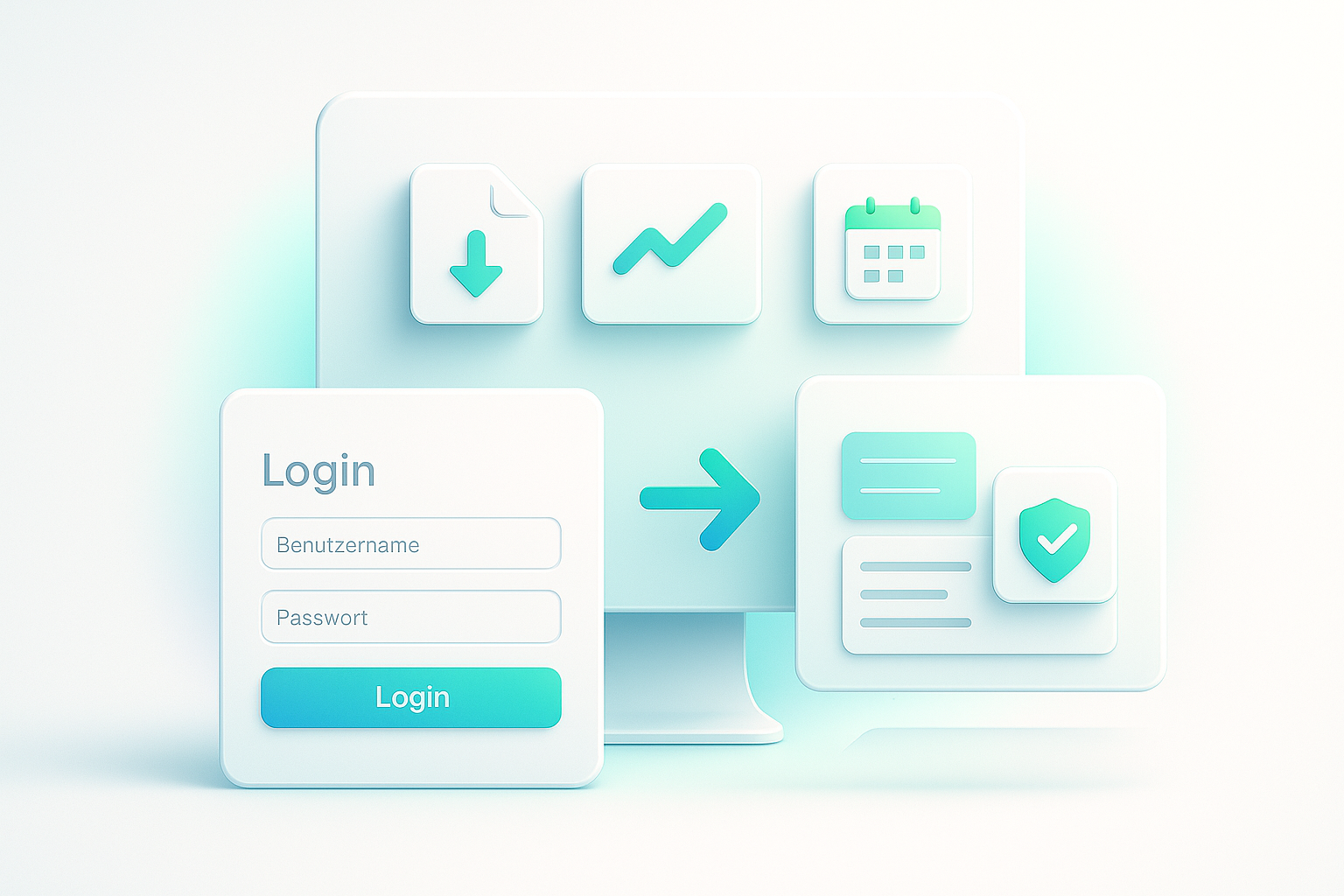 Key Visual: Zentrales Dashboard mit Upload-Karte, Analyse-Symbolen und Datenschutz-Einstellungen im cleanen Flat-3D-Stil