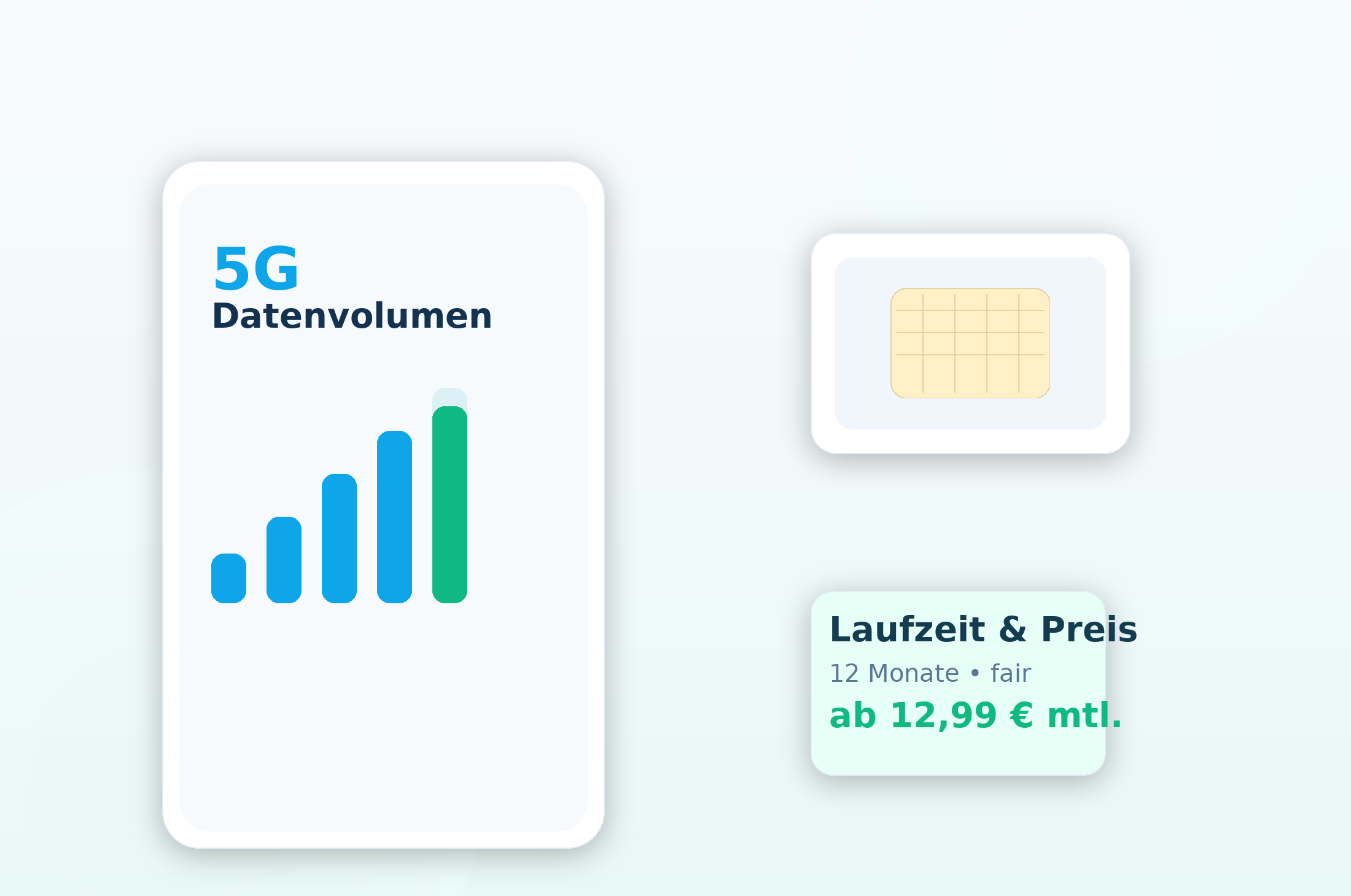 Key Visual: Smartphone, 5G, Datenbalken und SIM-Karte im cleanen Flat-3D-Stil