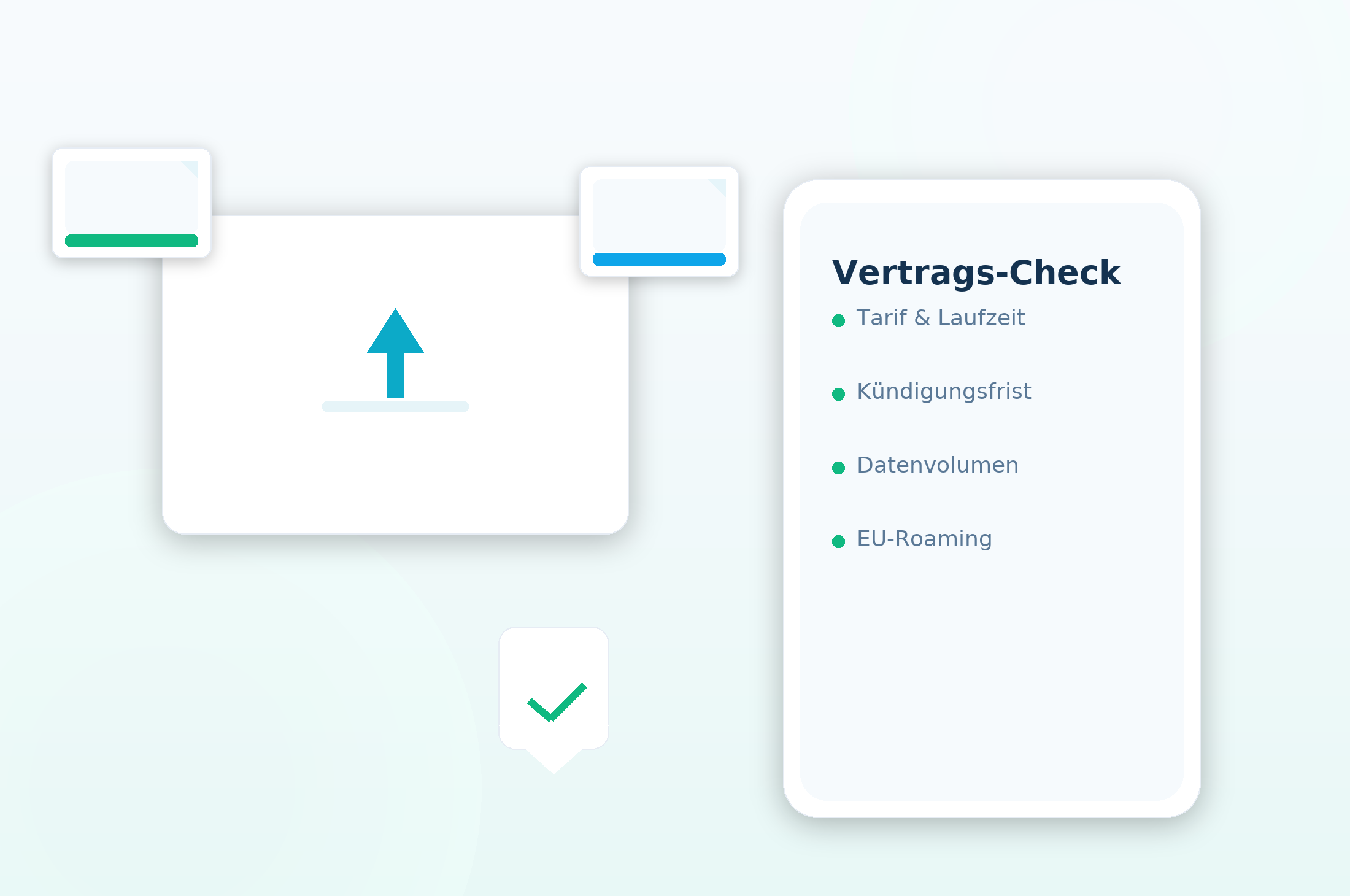 Key Visual: Upload-Karte, Dokumente, Smartphone-Checkliste und Sicherheitsschild
