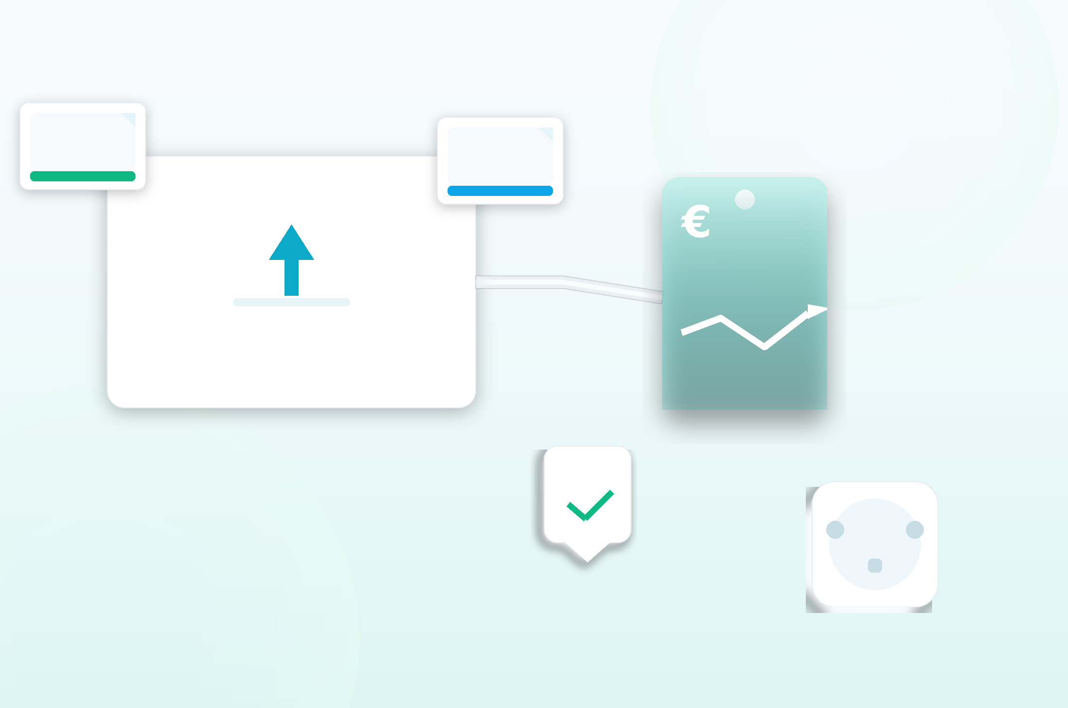 Key Visual: Upload-Karte mit Strom-Icon, Dokumentensymbolen und Schutzschild im cleanen, hellen Stil